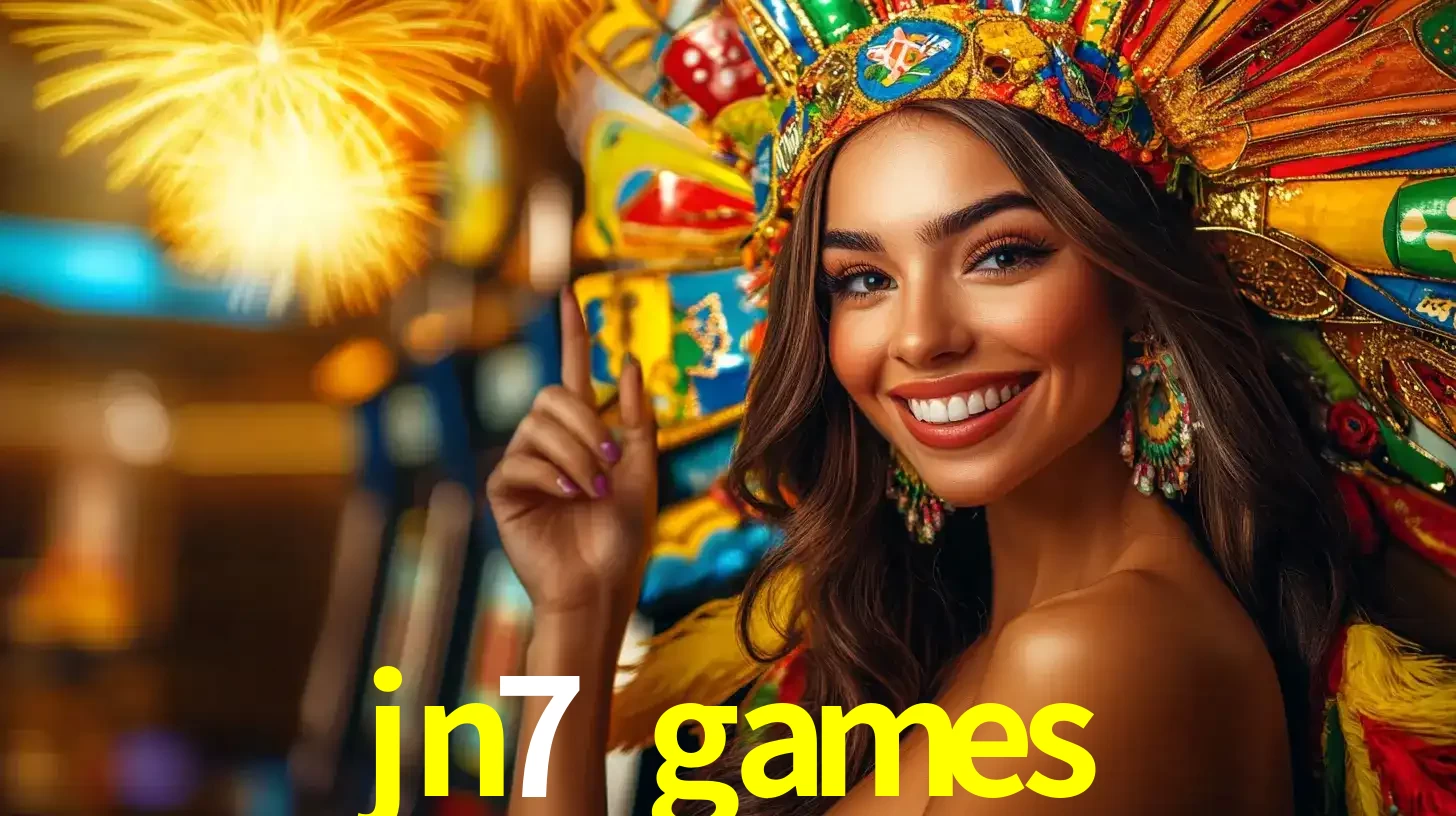 Mulher sorridente com um cocar de carnaval vibrante e colorido, celebrando uma grande vitória nos jogos do cassino jn7 games com fogos de artifício ao fundo.