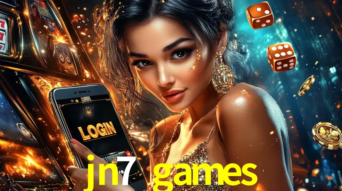 Mulher glamourosa segurando um celular com a tela de login do cassino jn7 games, rodeada por dados e moedas douradas, pronta para começar a diversão.