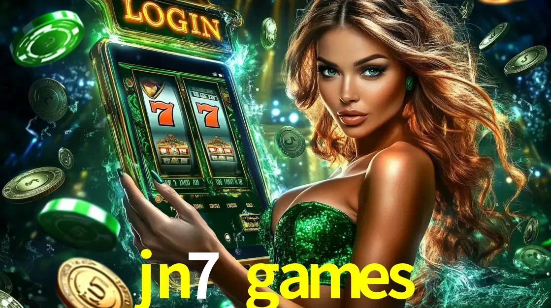 Mulher com tema verde apresentando o aplicativo do cassino jn7 games com um jogo de slot de 777, cercada por fichas de cassino e uma aura de sorte.