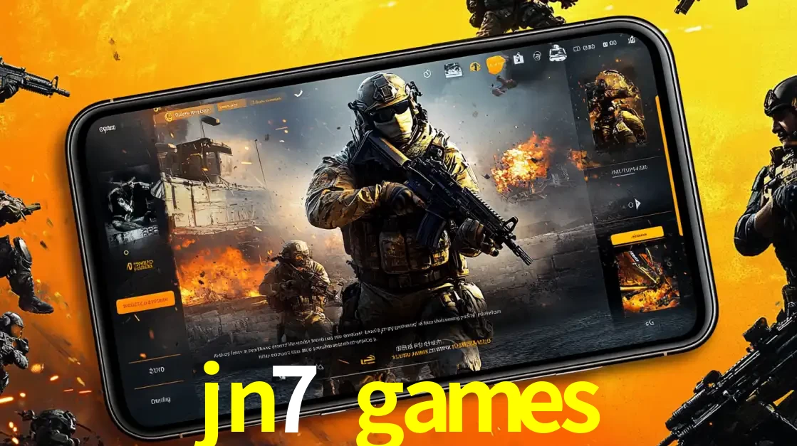 Um smartphone exibindo a interface de um jogo de tiro em primeira pessoa, com um soldado em um cenário de batalha, representando a ação dos e-sports para apostar no jn7 games.