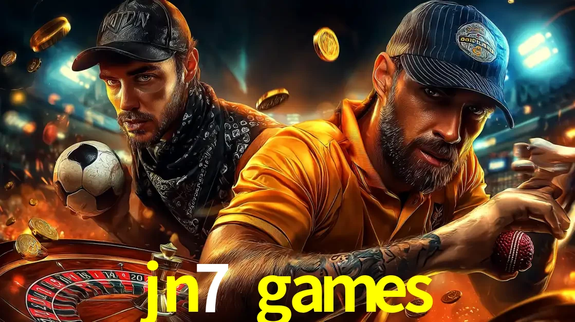 Montagem de apostas esportivas e cassino no jn7 games, com um homem segurando uma bola de futebol e outro uma de beisebol sobre uma roleta e moedas voadoras.