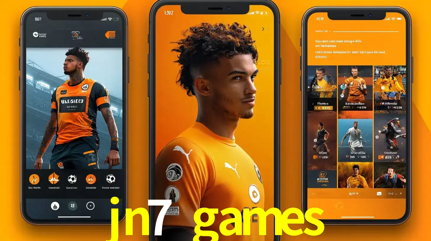 Interface do aplicativo de apostas esportivas jn7 games em três telas de celular, mostrando o perfil de um jogador de futebol e a lista de jogos disponíveis para apostar.