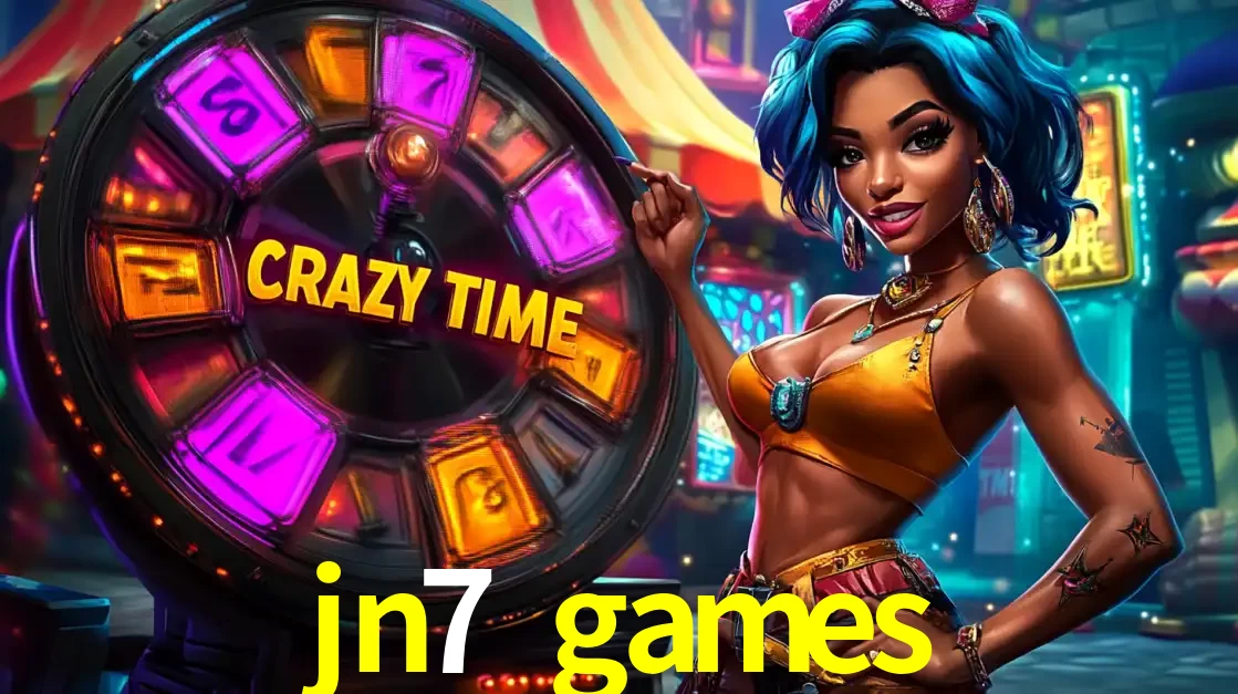 Mulher estilizada com cabelo azul e visual vibrante posando ao lado da roda de prêmios do game show Crazy Time, convidando para a diversão e os bônus do cassino jn7 games.