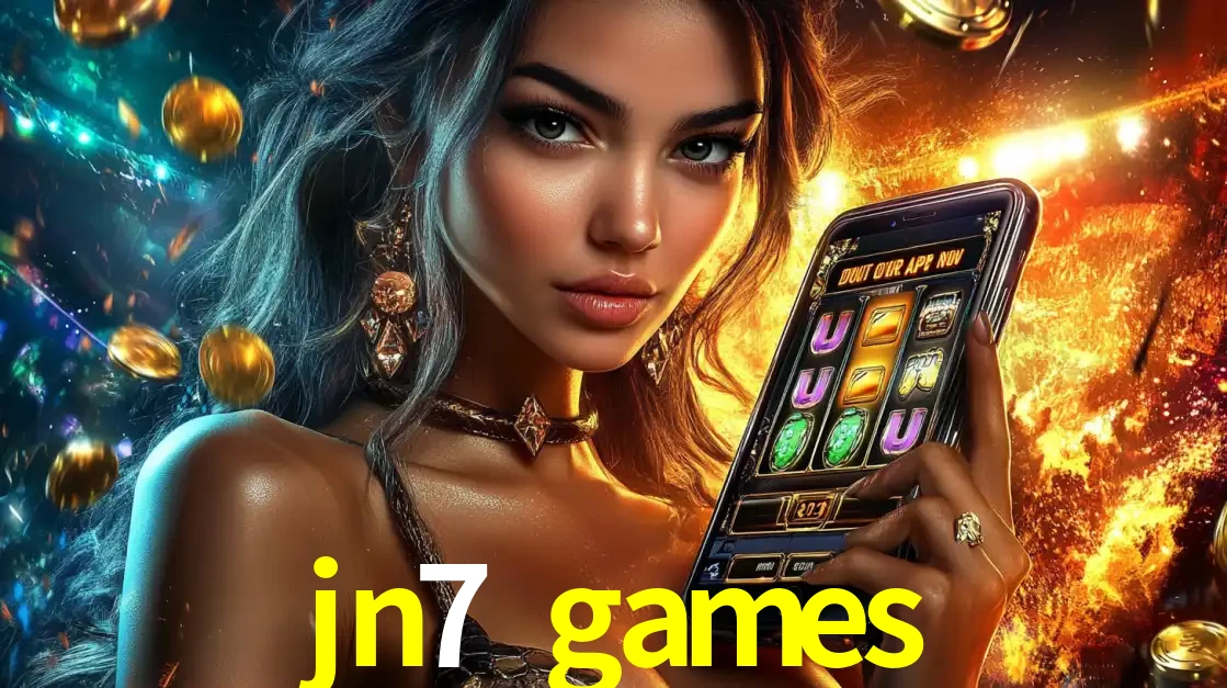 Mulher elegante mostrando um jogo de caça-níqueis em seu smartphone, destacando a experiência de cassino móvel oferecida pelo aplicativo jn7 games.