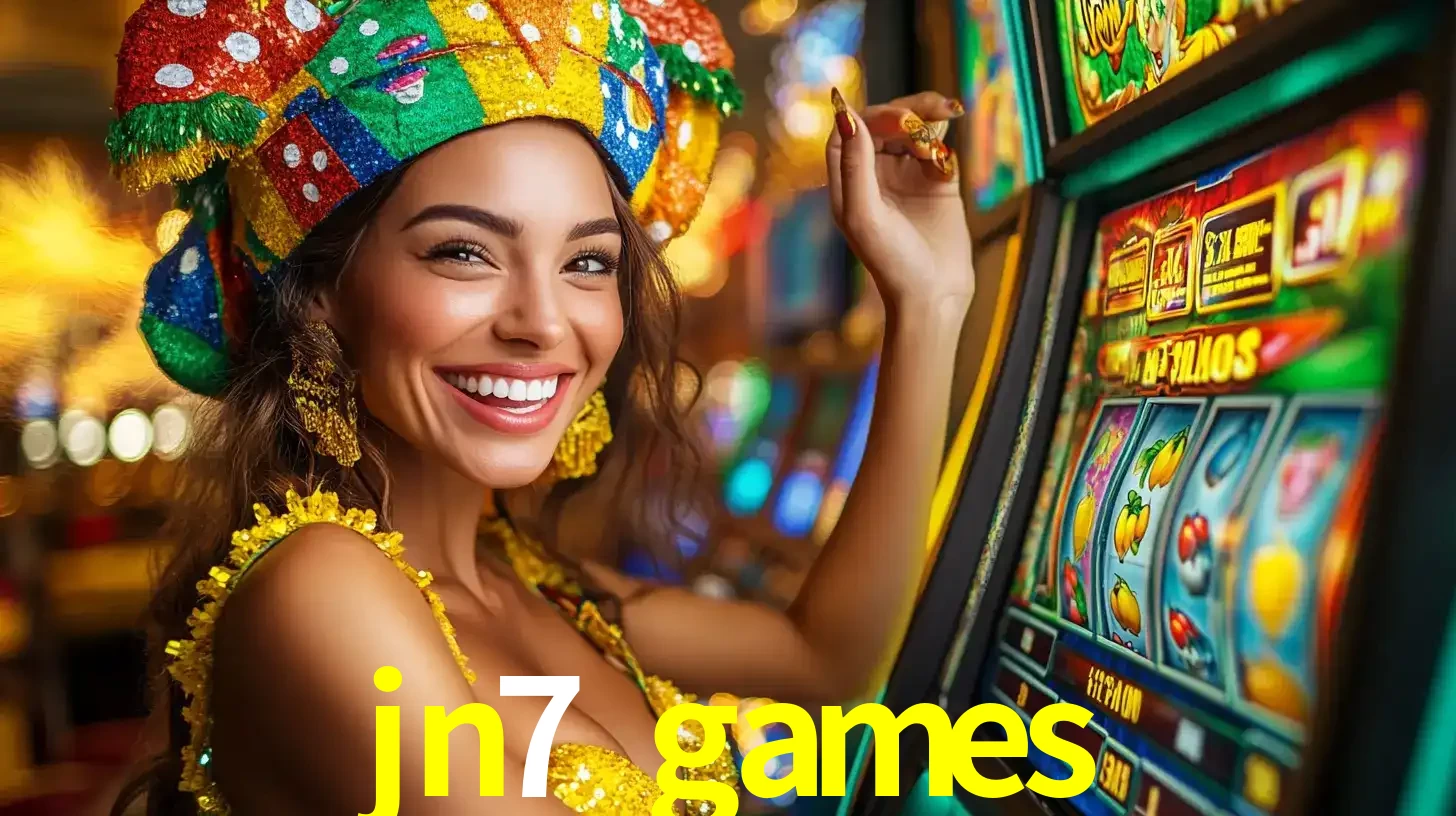 Mulher feliz com traje de carnaval amarelo e colorido ao lado de uma máquina de caça-níqueis, aproveitando a diversão e os jogos temáticos do cassino jn7 games.
