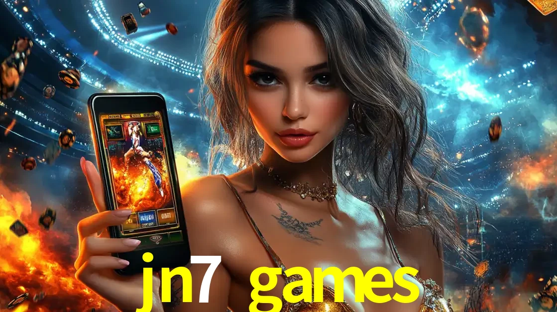 Mulher segurando um celular com um jogo de slot em destaque, tendo como fundo um estádio vibrante, simbolizando a emoção de jogar no cassino móvel jn7 games.