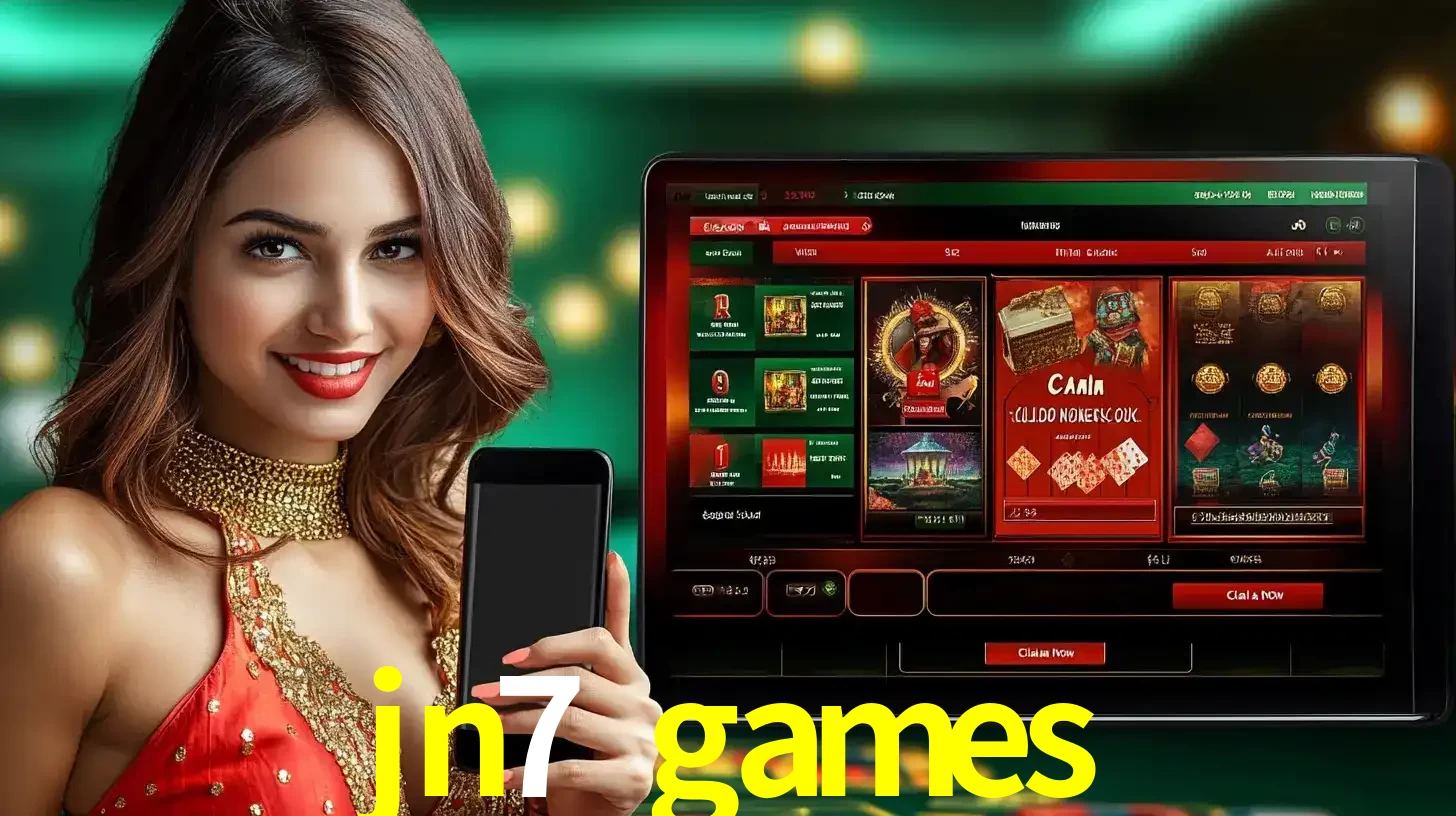 Mulher sorridente segurando um smartphone, ao lado de uma tela exibindo o lobby de jogos do cassino online jn7 games, com várias opções de jogos de cartas e slots.